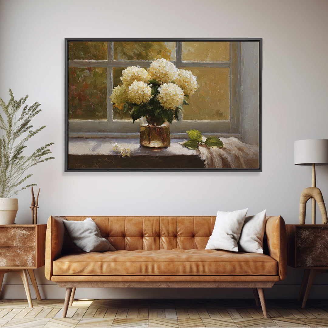 Sunlit Hydrangeas on a Windowsill Framed Canvas Print, Bed and Breakfast Art, Trendy Wall Art, Living Room Decor, Fine Art, BAB-3x2-86