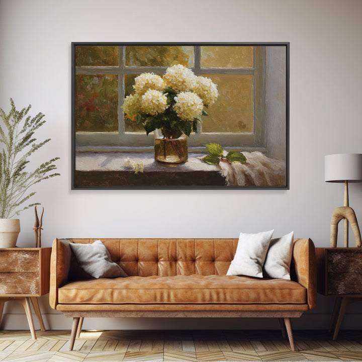 Sunlit Hydrangeas on a Windowsill Framed Canvas Print, Bed and Breakfast Art, Trendy Wall Art, Living Room Decor, Fine Art, BAB-3x2-86