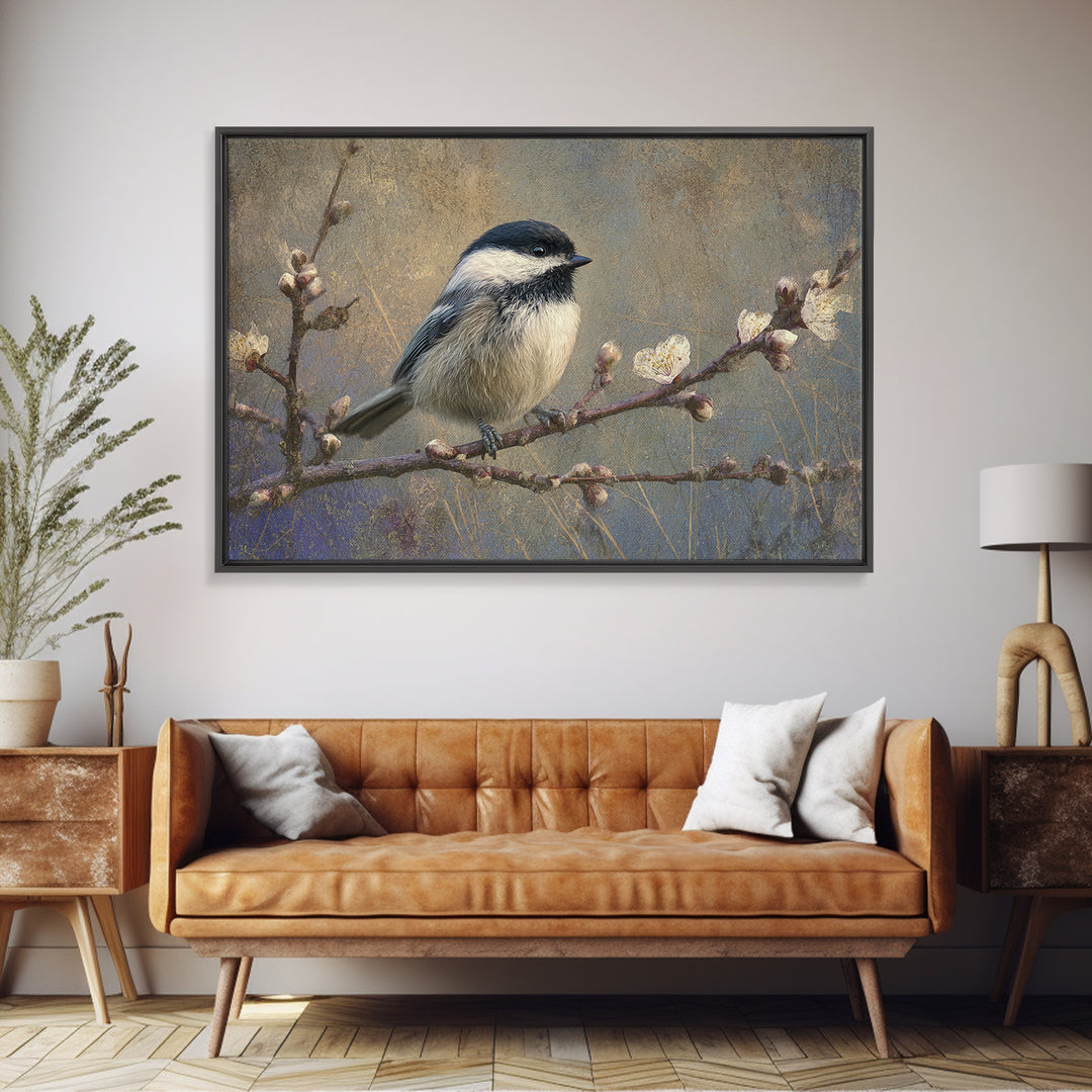 Small Bird on a Flowering Branch Framed Canvas Print, Bed and Breakfast Art, Farmhouse Wall Art, Living Room Decor, Fine Art, BAB-3x2-90