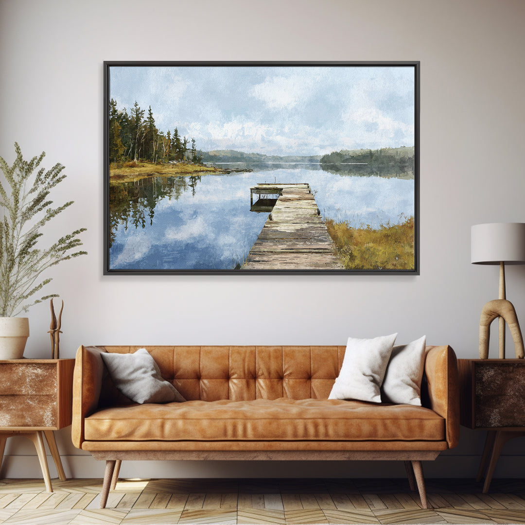 Quiet Lake Dock at Early Morning Canvas Print, Bed and Breakfast Art, Coffee Wall Art, Living Room Decor, Oil Painting, BAB-3x2-98