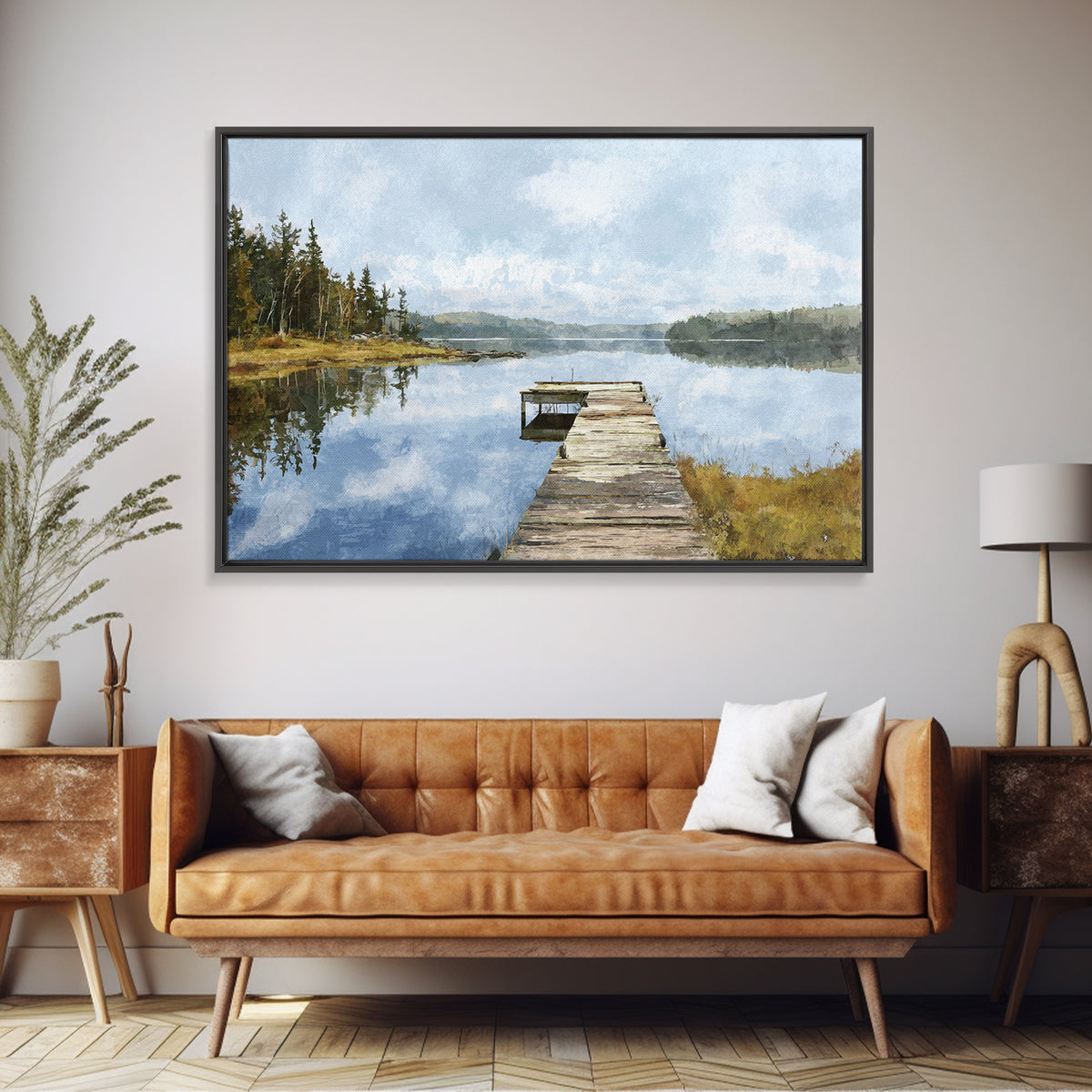 Quiet Lake Dock at Early Morning Canvas Print, Bed and Breakfast Art, Coffee Wall Art, Living Room Decor, Oil Painting, BAB-3x2-98