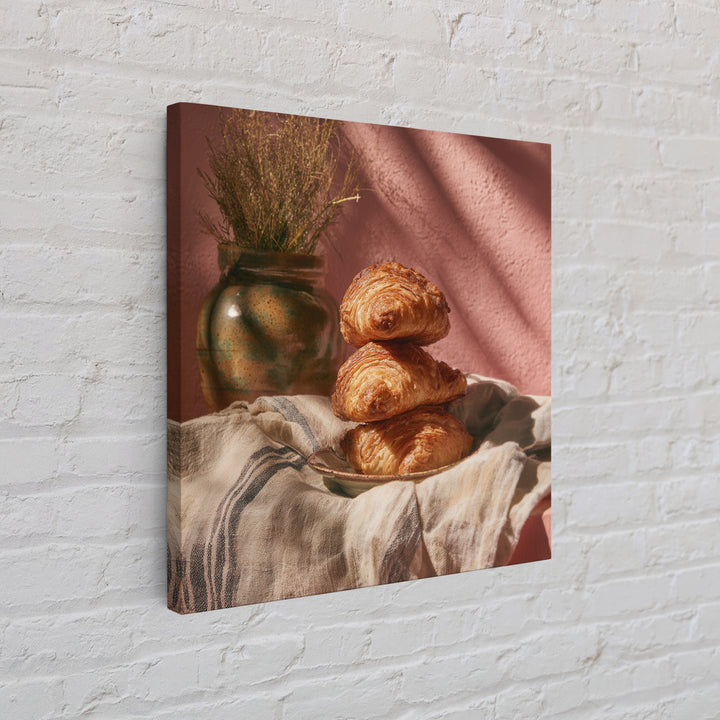 Buttery Croissants Stacked on Striped Linen Framed Canvas Print, Bakery Art, Modern Decor, Bakery Decor, Abstract Art, BAK-1x1-1