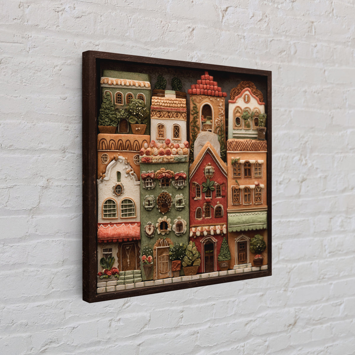 Gingerbread Houses in Charming Folk Art Style Canvas Print, Bakery Art, Whimsical Wall Art, Bakery Decor, Fine Art, Patisserie, BAK-1x1-14
