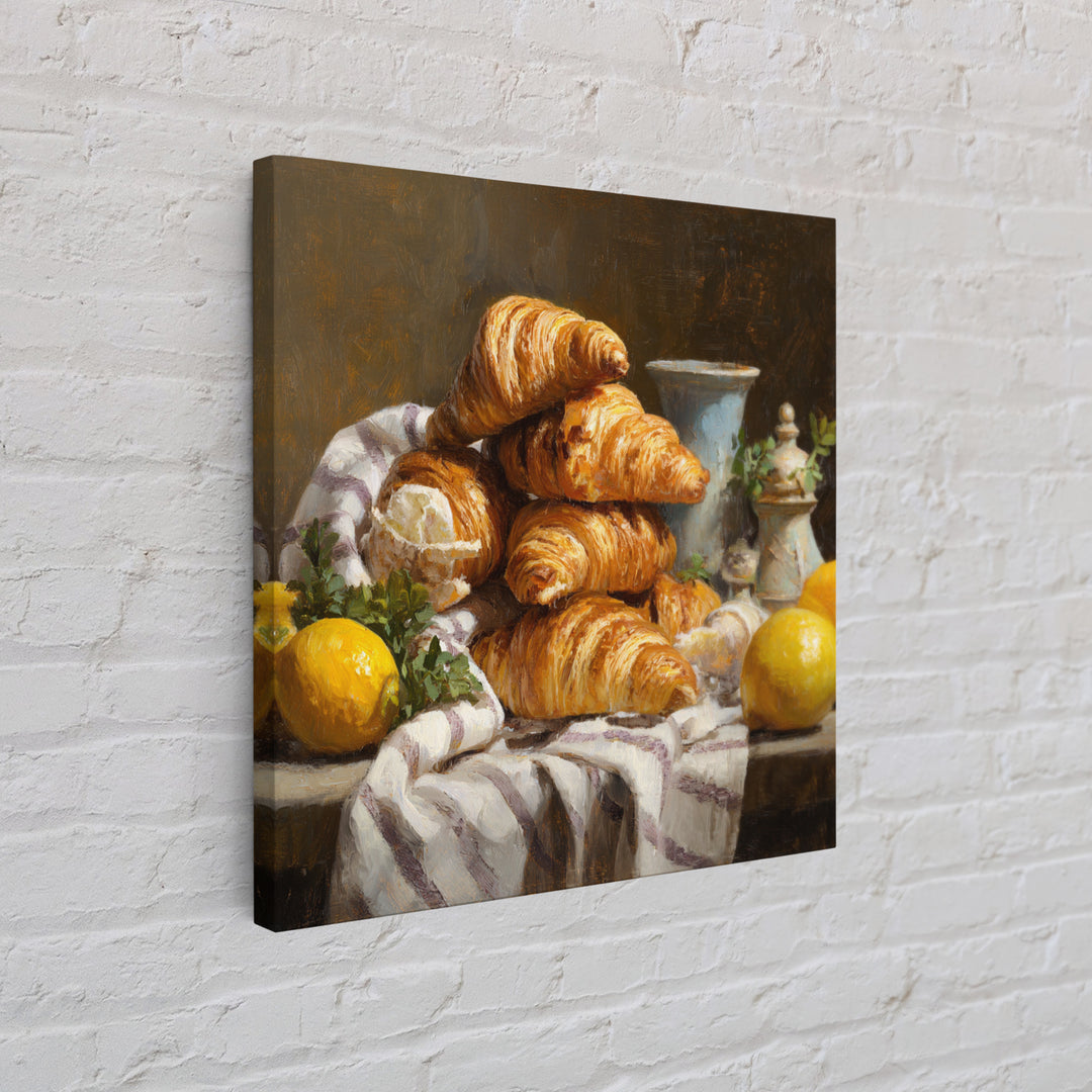 Buttery Croissants Stacked on Striped Linen Canvas Print, Bakery Art, Room Decor, Bakery Decor, Abstract Art, Patisserie, BAK-1x1-25