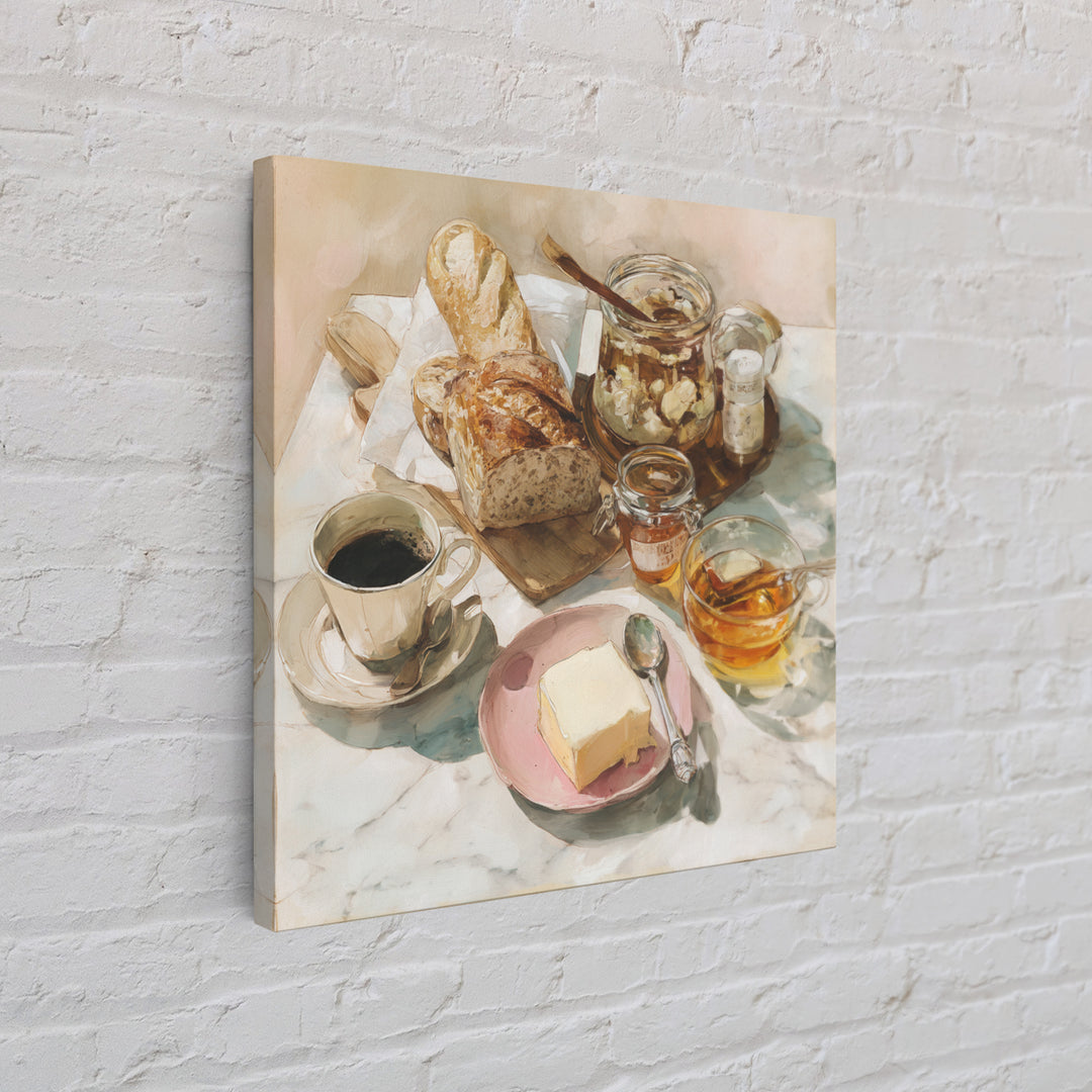 Baguette and Butter Still Life on Marble Framed Canvas Print, Bakery Art, Gallery Decor, Bakery Decor, Fine Art, Patisserie, BAK-1x1-32