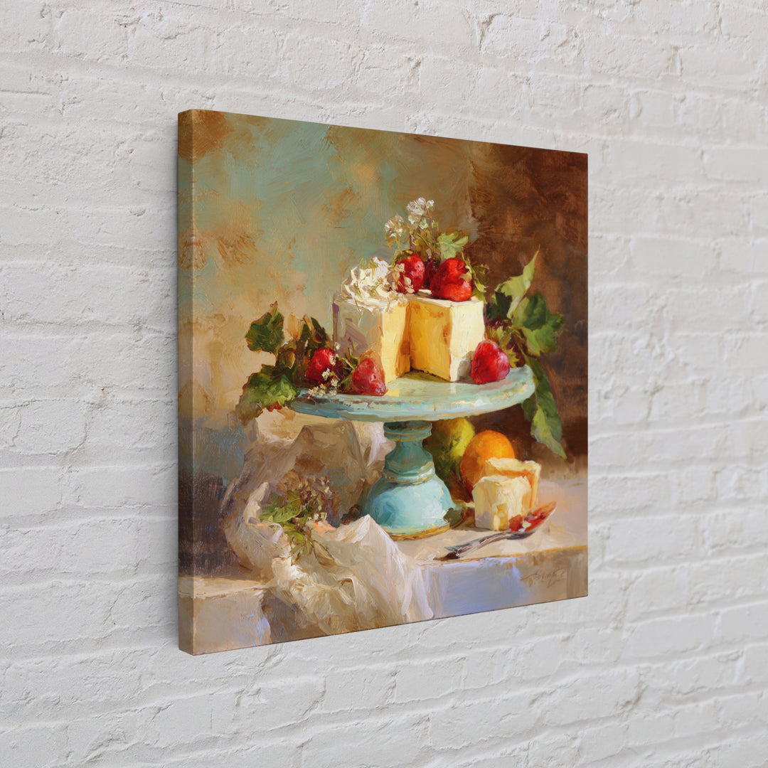 Pastel Cake Stand Framed Canvas Print, Bakery Art, Boho Decor, Bakery Decor, Oil Painting, Patisserie, Printable Wall Art, BAK-1x1-37