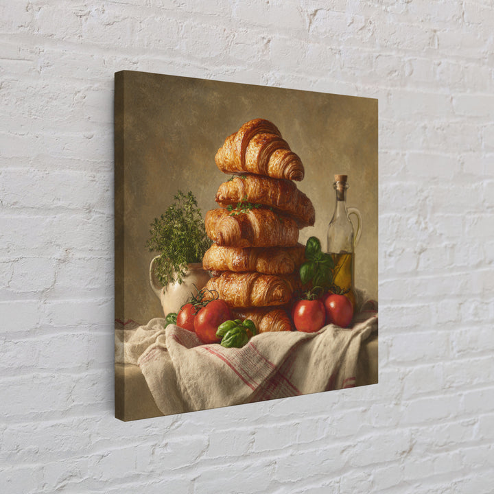 Buttery Croissants Stacked on Striped Linen Canvas Print, Bakery Art, Room Decor, Bakery Decor, Abstract Art, Patisserie, BAK-1x1-49