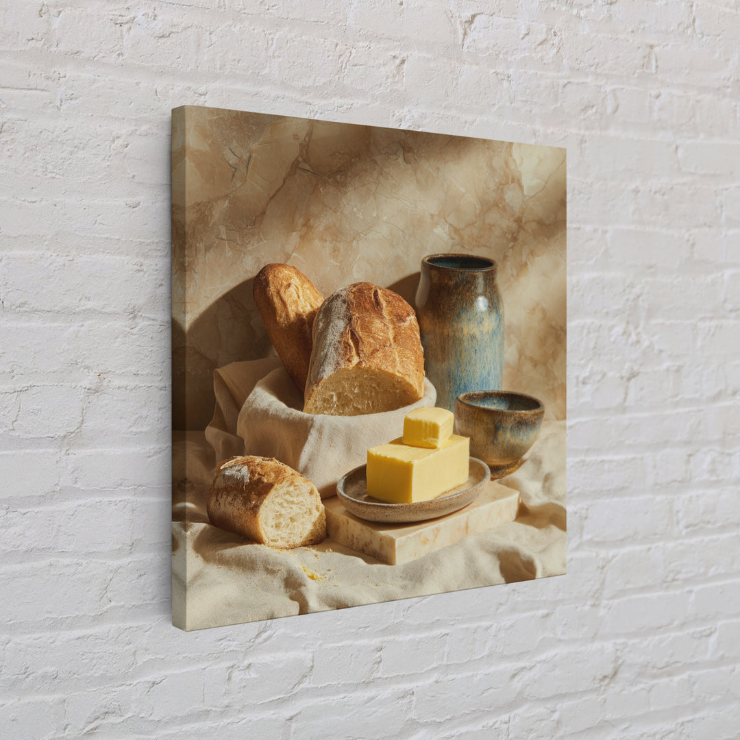 Baguette and Butter Still Life on Marble Framed Canvas Print, Bakery Art, Watercolor Painting, Bakery Decor, Patisserie, BAK-1x1-56