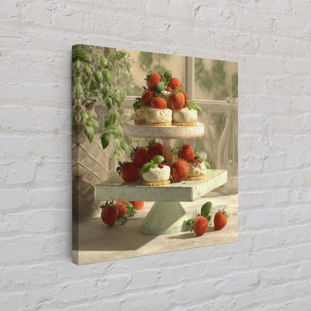 Pastel Cake Stand Framed Canvas Print, Bakery Art, Boho Decor, Bakery Decor, Oil Painting, Patisserie, Printable Wall Art, BAK-1x1-61