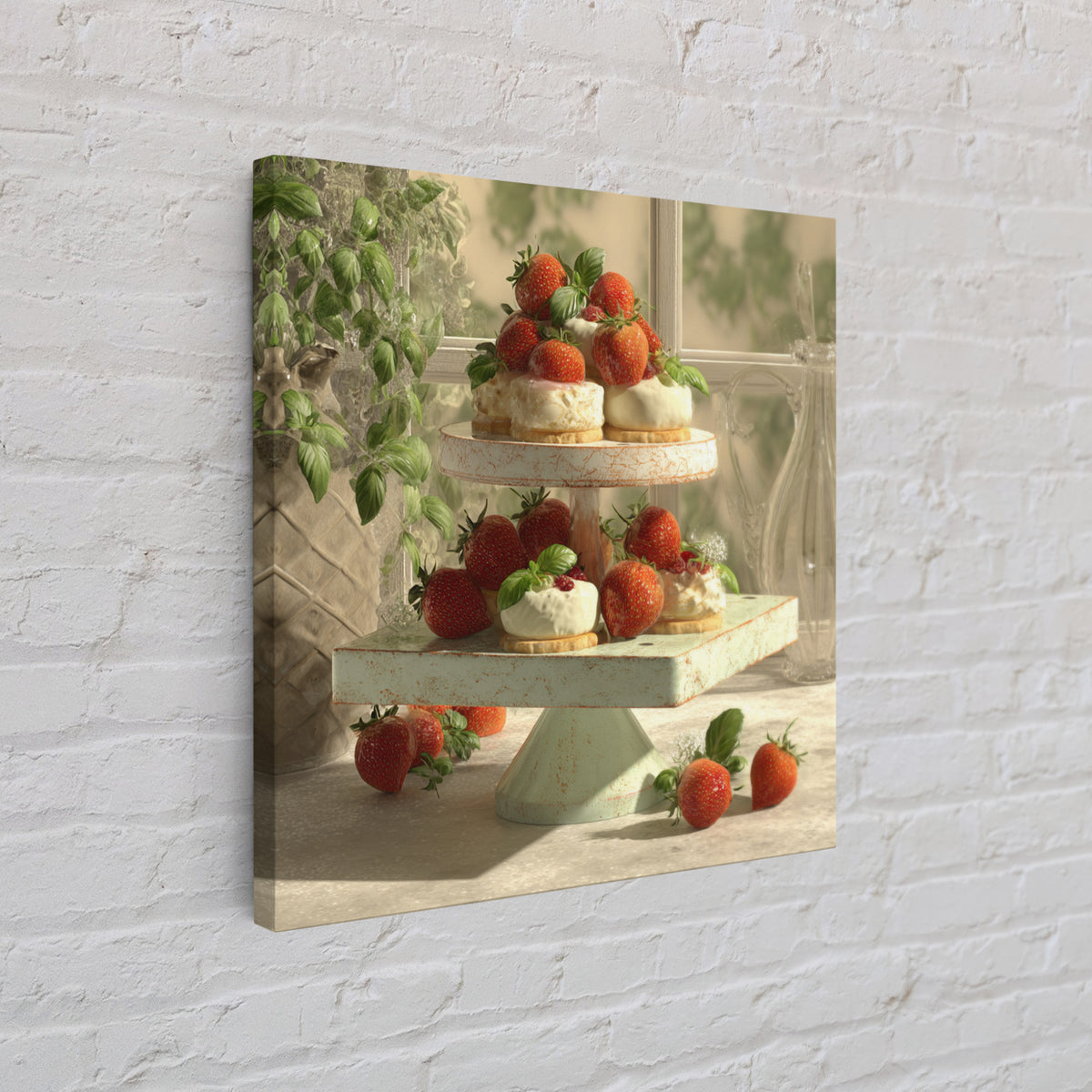 Pastel Cake Stand Framed Canvas Print, Bakery Art, Boho Decor, Bakery Decor, Oil Painting, Patisserie, Printable Wall Art, BAK-1x1-61