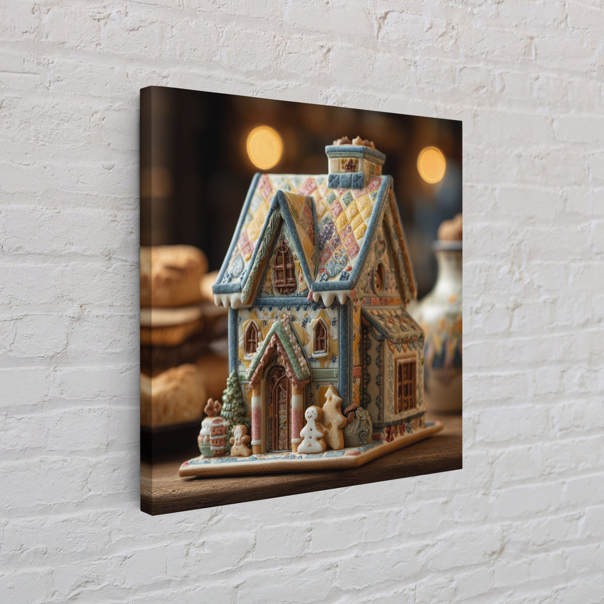 Gingerbread Houses in Charming Folk Art Style Framed Canvas Print, Bakery Art, Gallery Decor, Bakery Decor, Patisserie, BAK-1x1-62