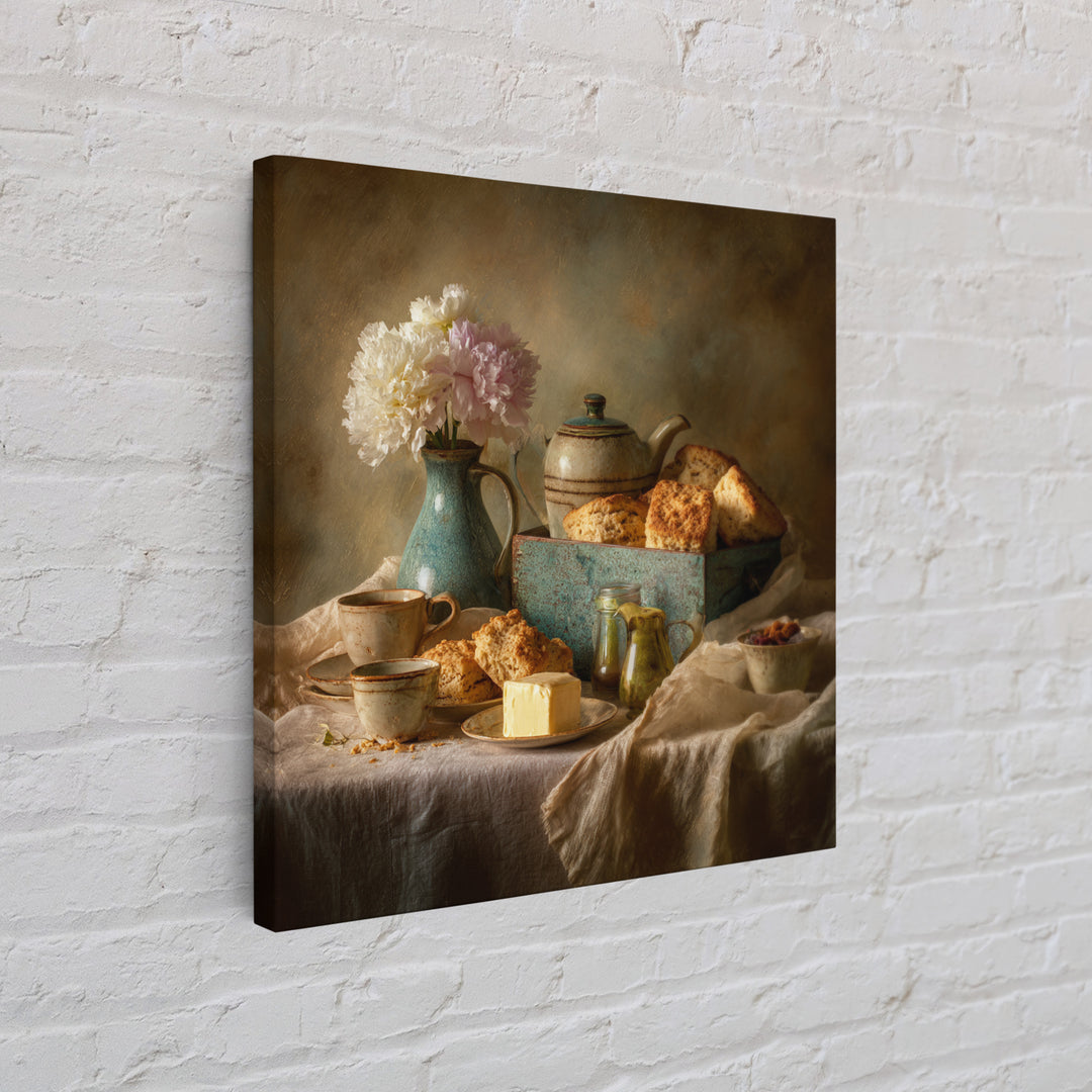 Tea and Scone Arrangement Framed Canvas Print, Bakery Art, Neutral Wall Art, Bakery Decor, Patisserie, Statement Artwork, BAK-1x1-68