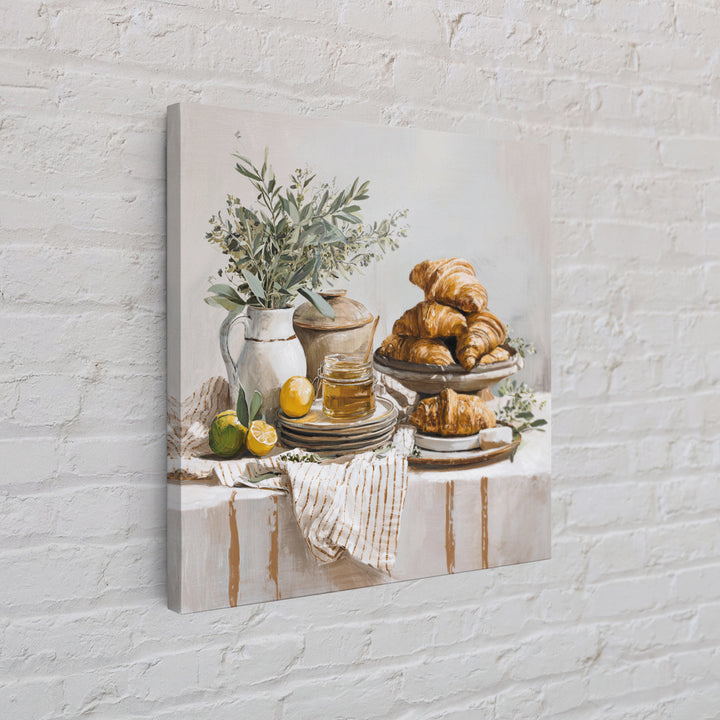 Buttery Croissants Stacked on Striped Linen Framed Canvas Print, Bakery Art, Home Decor, Bakery Decor, Abstract Art, Patisserie, BAK-1x1-73