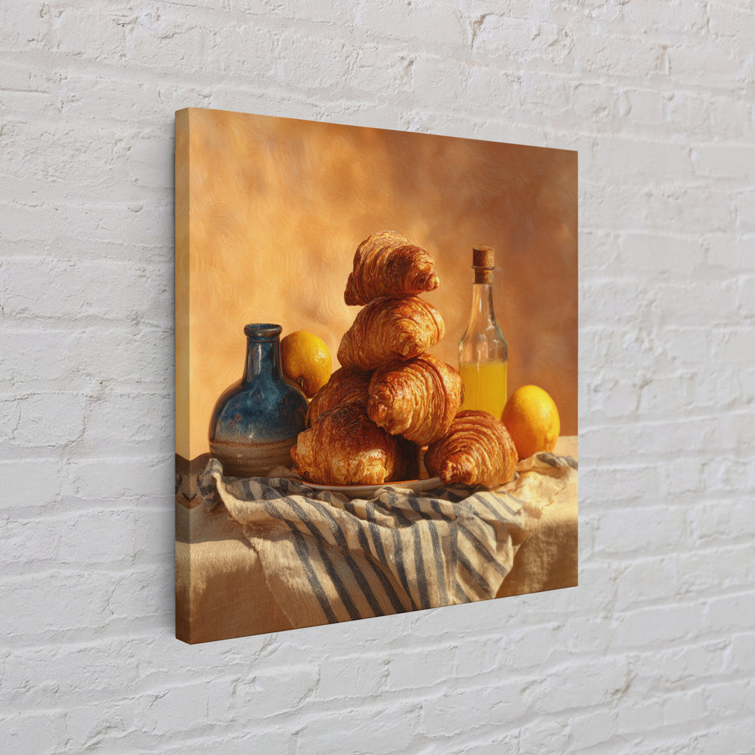 Buttery Croissants Stacked on Striped Linen Canvas Print, Bakery Art, Kitchen Wall Art, Bakery Decor, Fine Art, Patisserie, BAK-1x1-97