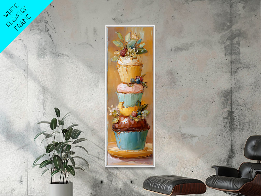 Cupcake Bouquet Painted Framed Canvas Print, Bakery Art, Kitchen Wall Decor, Bakery Decor, Patisserie, Whimsical Wall Art, BAK-1x3-19
