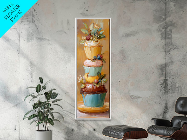 Cupcake Bouquet Painted Framed Canvas Print, Bakery Art, Kitchen Wall Decor, Bakery Decor, Patisserie, Whimsical Wall Art, BAK-1x3-19