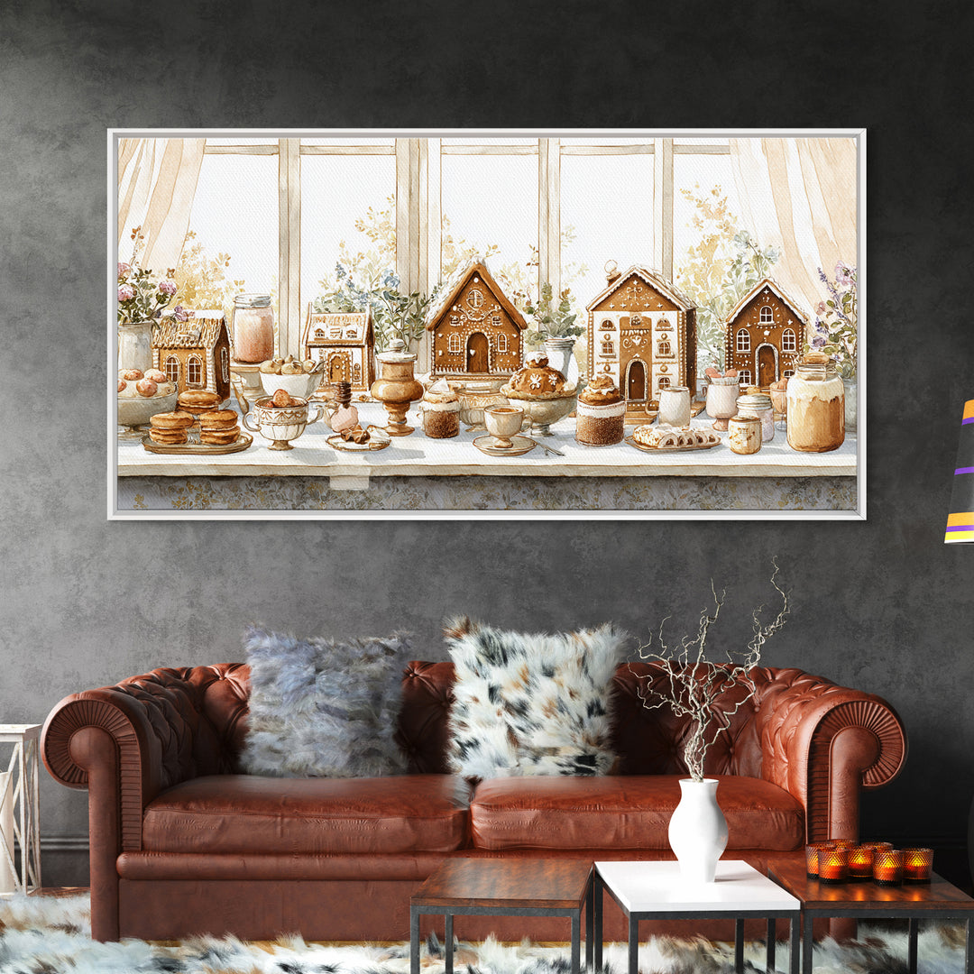 Gingerbread Houses in Charming Folk Art Style Framed Canvas Print, Bakery Art, Contemporary Art, Bakery Decor, Patisserie, BAK-2x1-10