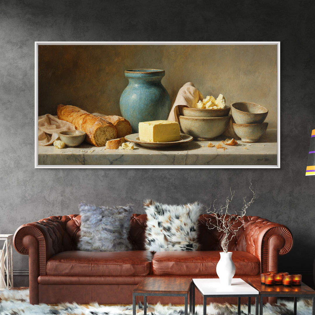 Baguette and Butter Still Life on Marble Framed Canvas Print, Bakery Art, Neutral Wall Art, Bakery Decor, Fine Art, Patisserie, BAK-2x1-100