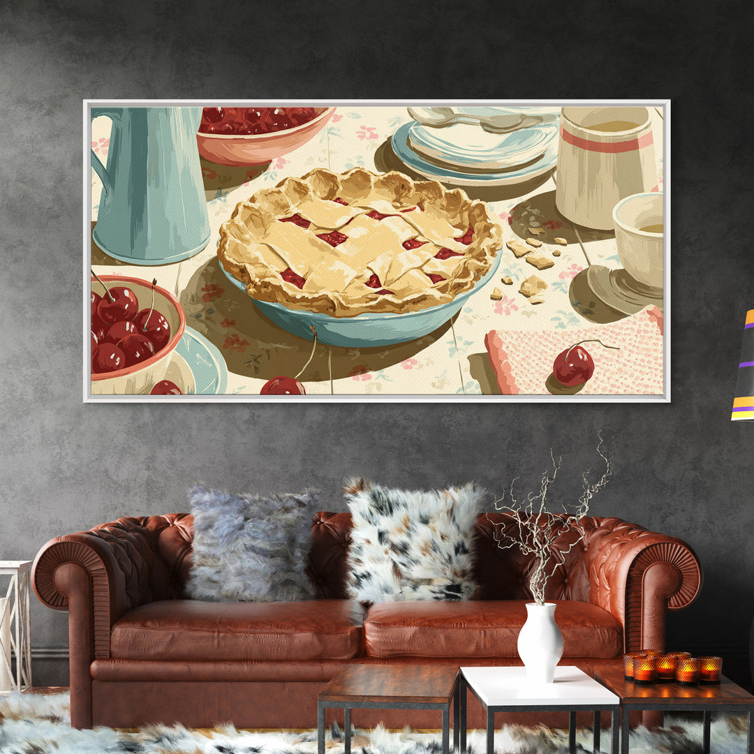 Retro Diner Pie Illustration Framed Canvas Print, Bakery Art, Room Decor, Bakery Decor, Fine Art, Patisserie, Digital Print, BAK-2x1-12