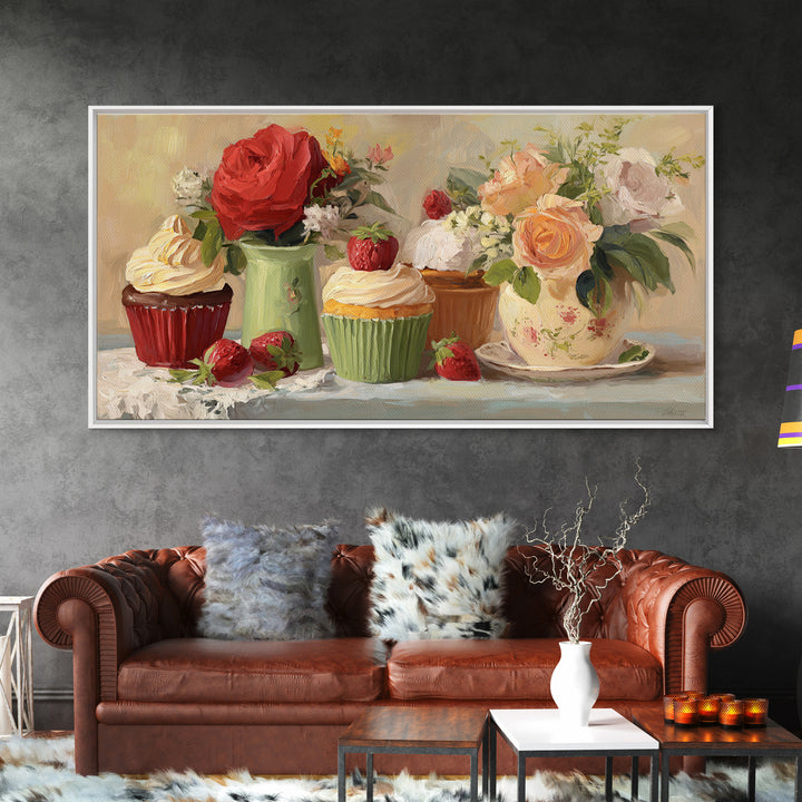 Cupcake Bouquet Painted Framed Canvas Print, Bakery Art, Boho Decor, Bakery Decor, Oil Painting, Patisserie, Printable Wall Art, BAK-2x1-27