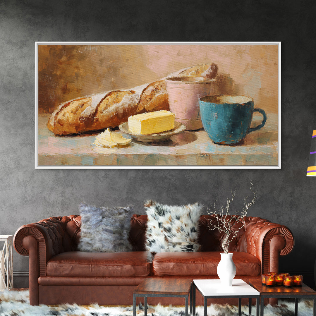 Baguette and Butter Still Life on Marble Framed Canvas Print, Bakery Art, Contemporary Art, Bakery Decor, Fine Art, Patisserie, BAK-2x1-28