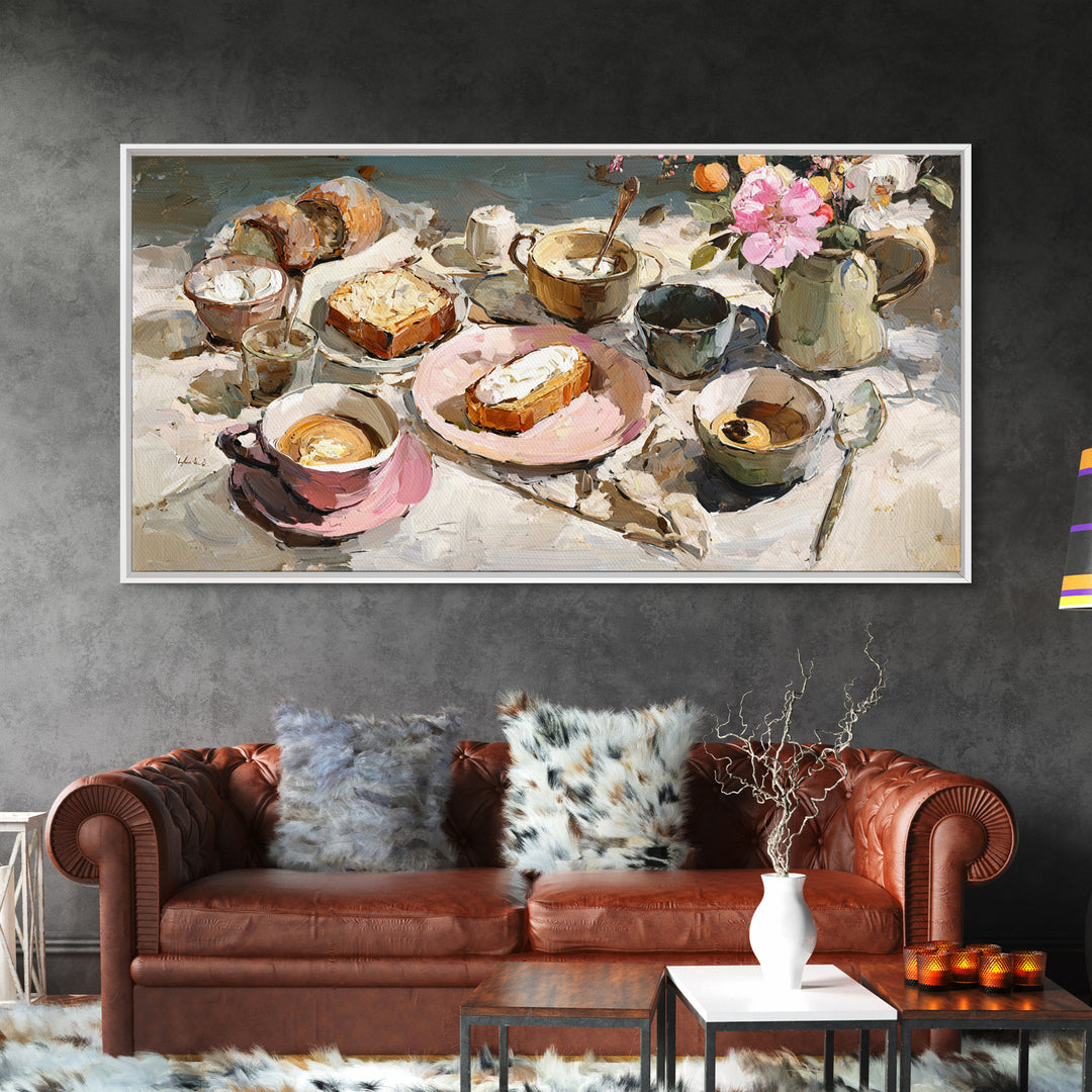 Painterly Eclair and Coffee Still Life Canvas Print, Bakery Art, Wall Art, Bakery Decor, Oil Painting, Patisserie, BAK-2x1-32
