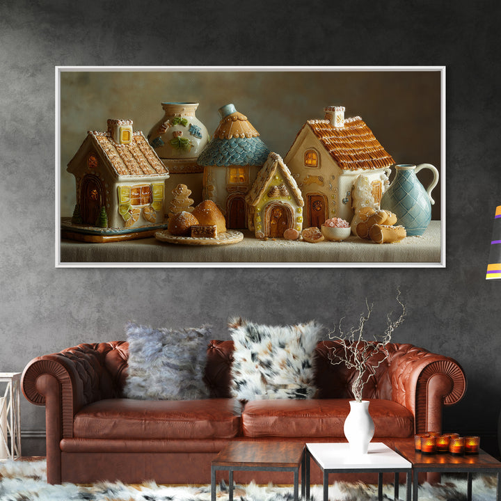 Gingerbread Houses in Charming Folk Art Style Framed Canvas Print, Bakery Art, Contemporary Art, Bakery Decor, Patisserie, BAK-2x1-34