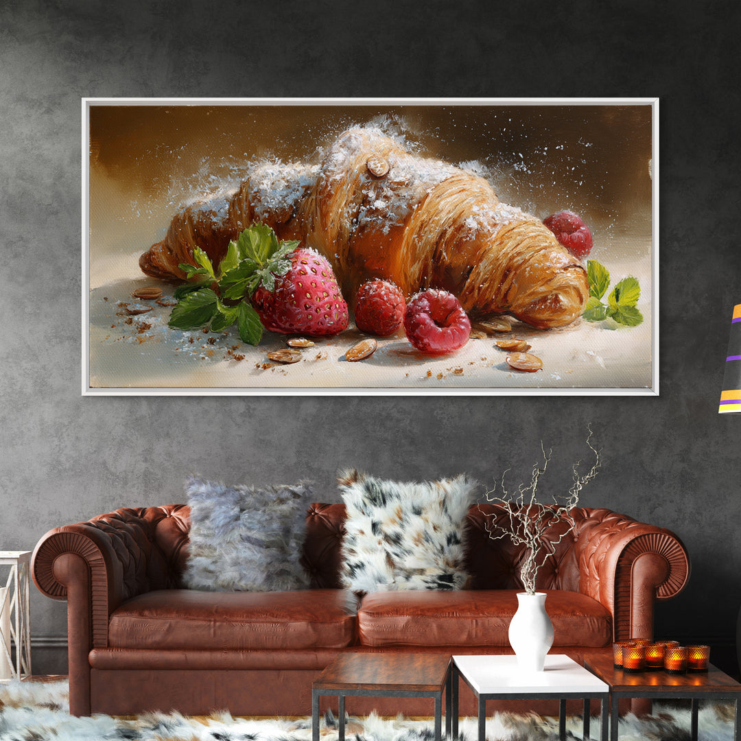 Almond Croissant Closeup Framed Canvas Print, Bakery Art, Wall Art, Bakery Decor, Oil Painting, Patisserie, Kitchen Wall Decor, BAK-2x1-35