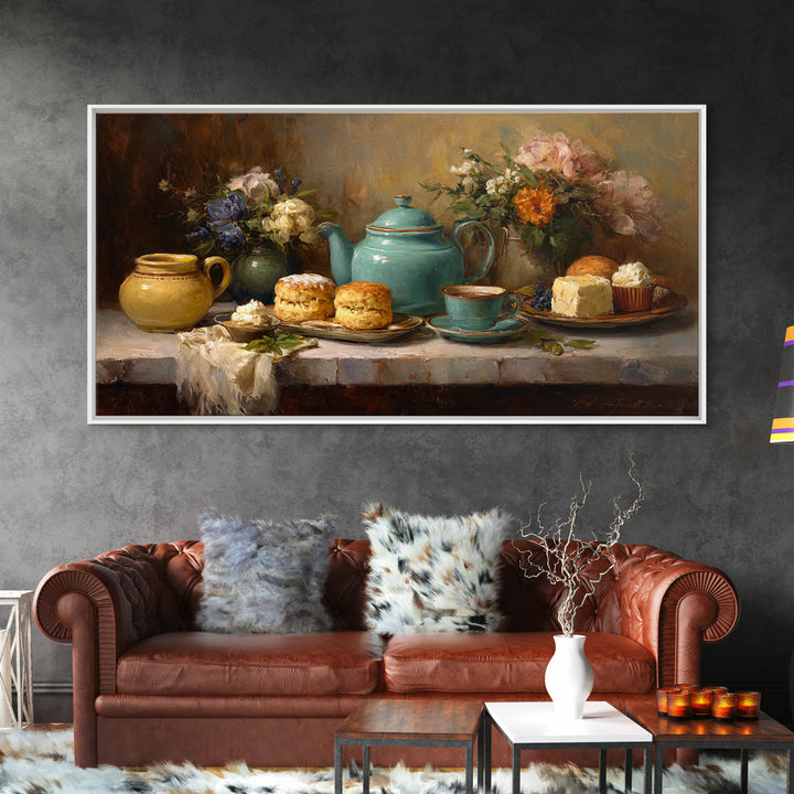 Tea and Scone Arrangement Framed Canvas Print, Bakery Art, Wall Decor, Bakery Decor, Fine Art, Patisserie, Kitchen Prints, BAK-2x1-40