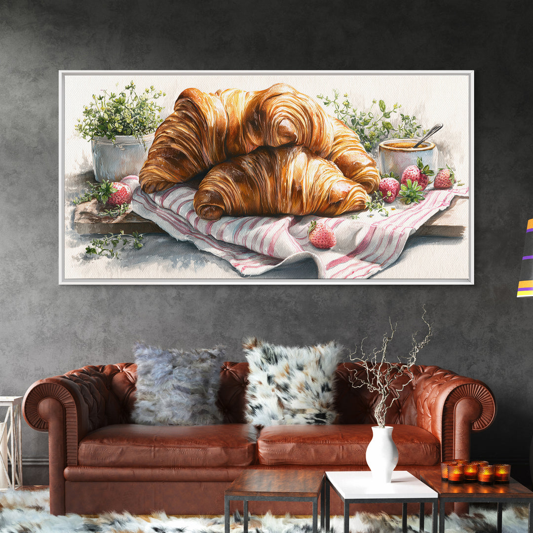 Buttery Croissants Stacked on Striped Linen Framed Canvas Print, Bakery Art, Kitchen Wall Decor, Bakery Decor, Patisserie, BAK-2x1-45