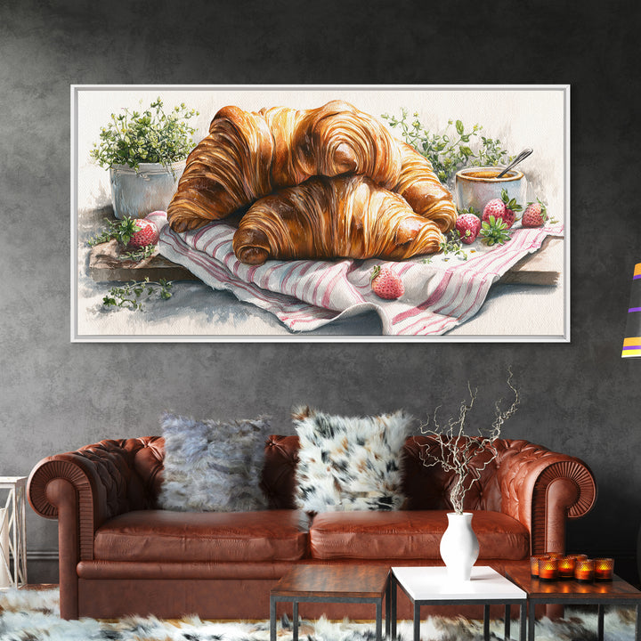 Buttery Croissants Stacked on Striped Linen Framed Canvas Print, Bakery Art, Kitchen Wall Decor, Bakery Decor, Patisserie, BAK-2x1-45