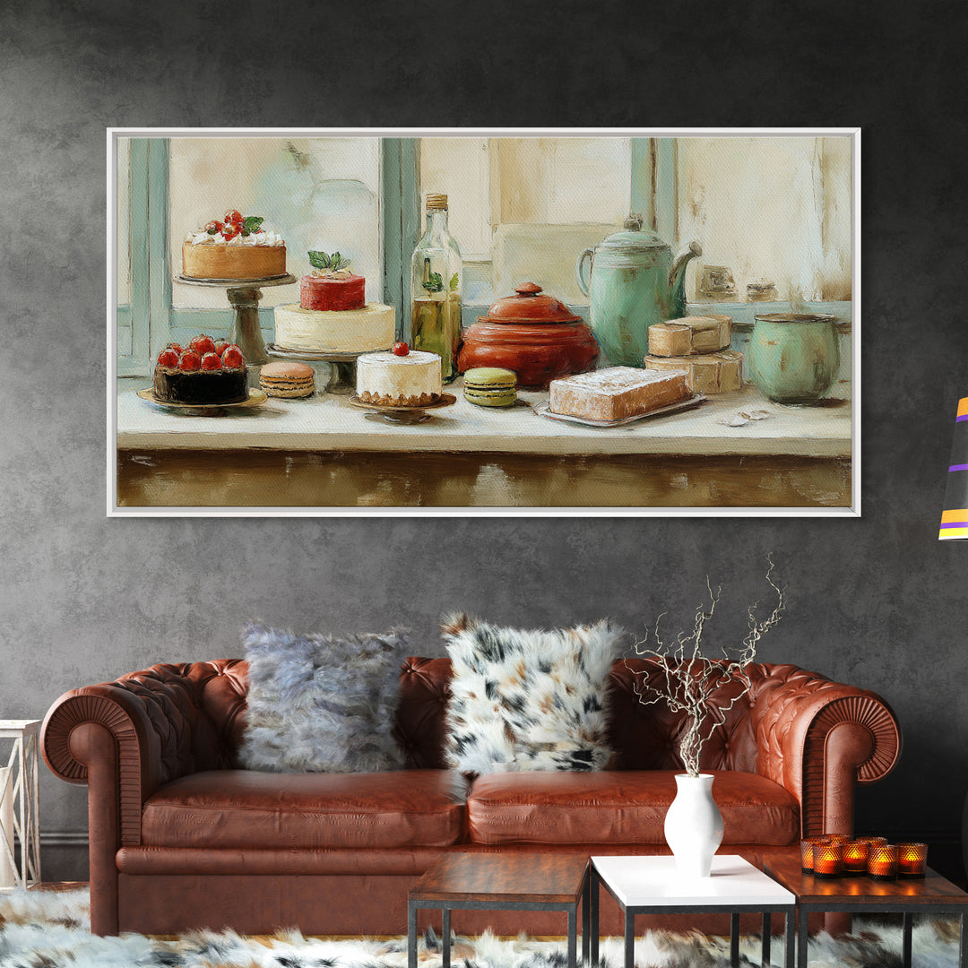 French Patisserie Window Display of Pastel Pastries Framed Canvas Print, Bakery Art, Wall Decor, Bakery Decor, Patisserie, BAK-2x1-46