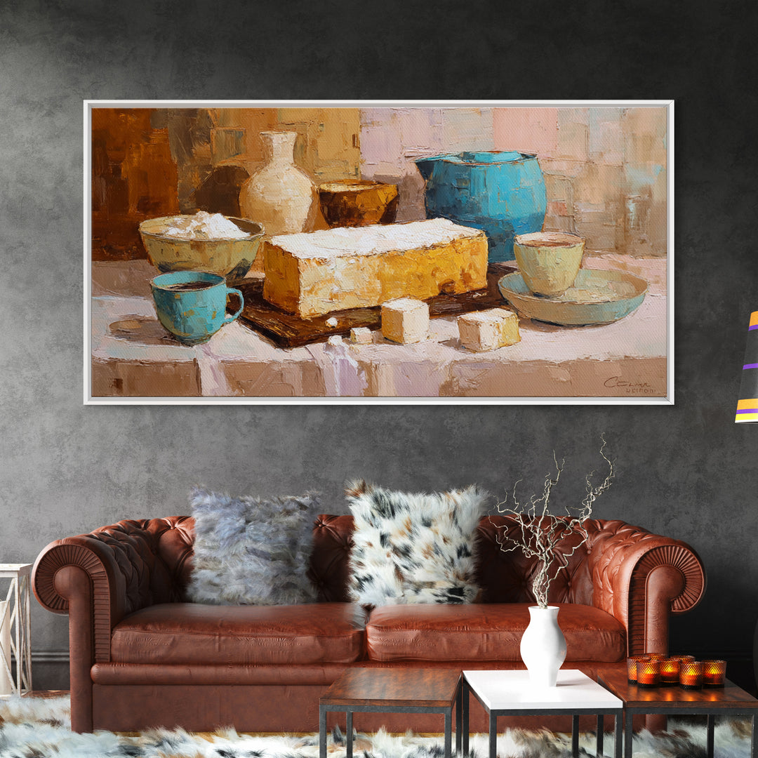Painterly Eclair and Coffee Still Life Framed Canvas Print, Bakery Art, Kitchen Decor, Bakery Decor, Fine Art, Patisserie, BAK-2x1-56