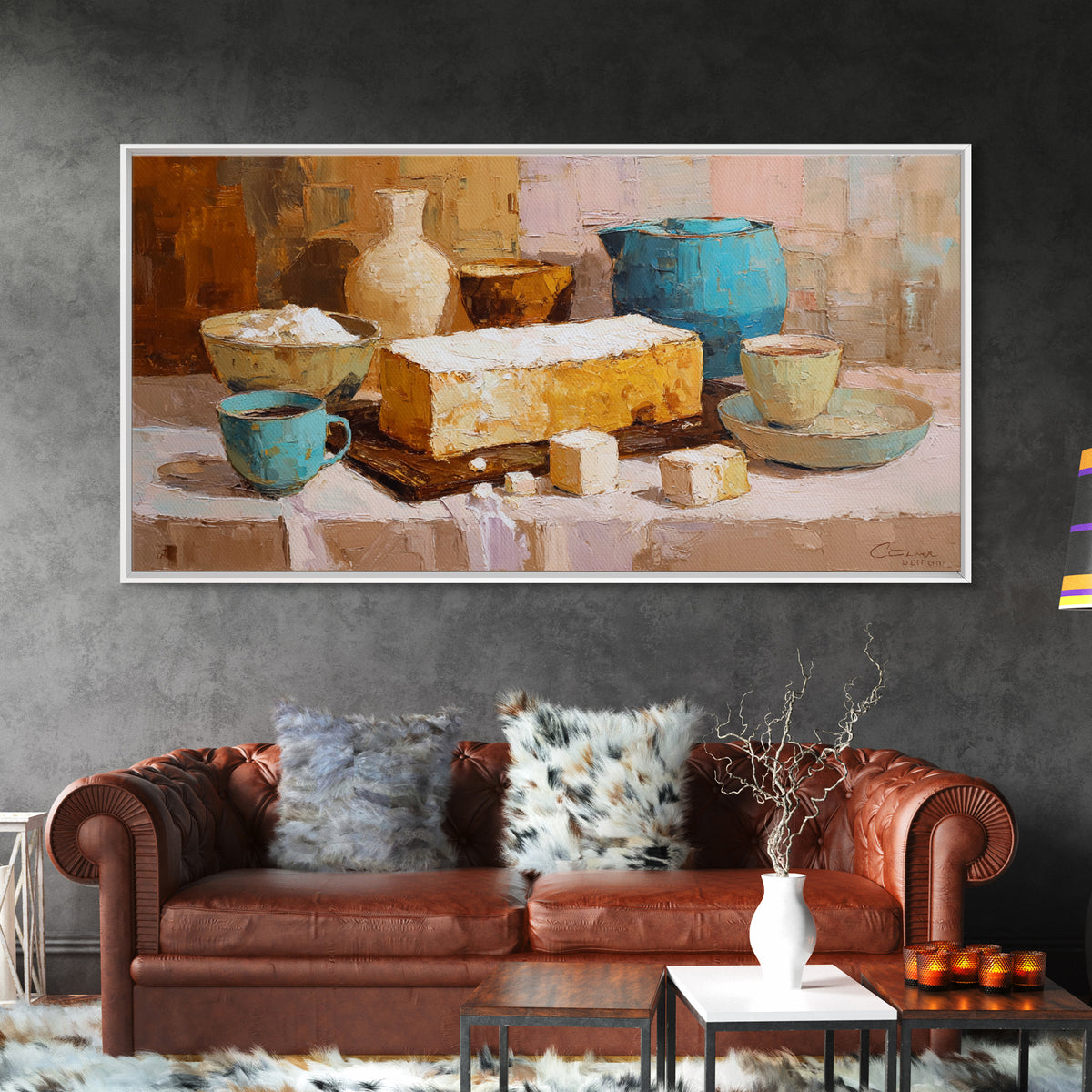 Painterly Eclair and Coffee Still Life Framed Canvas Print, Bakery Art, Kitchen Decor, Bakery Decor, Fine Art, Patisserie, BAK-2x1-56