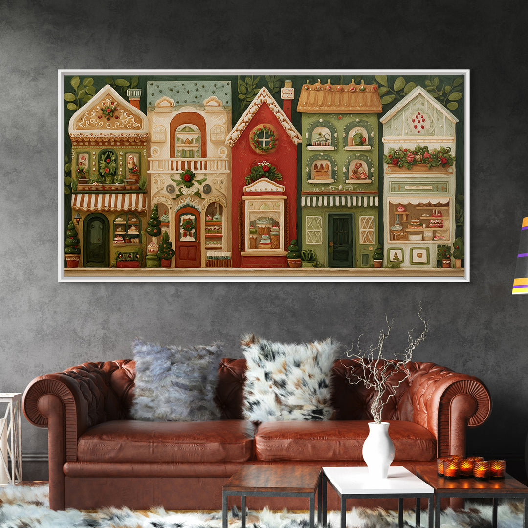 Gingerbread Houses in Charming Folk Art Style Canvas Print, Bakery Art, Printable Wall Art, Bakery Decor, Fine Art, Patisserie, BAK-2x1-58