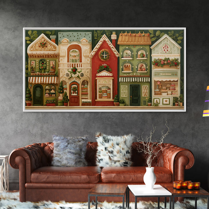Gingerbread Houses in Charming Folk Art Style Canvas Print, Bakery Art, Printable Wall Art, Bakery Decor, Fine Art, Patisserie, BAK-2x1-58