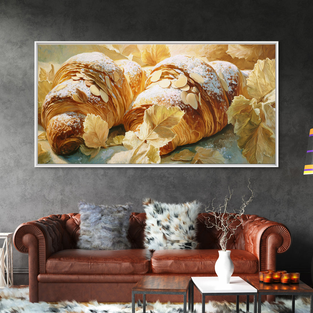 Almond Croissant Closeup Framed Canvas Print, Bakery Art, Aesthetic Wall Art, Bakery Decor, Watercolor Art, Patisserie, BAK-2x1-59