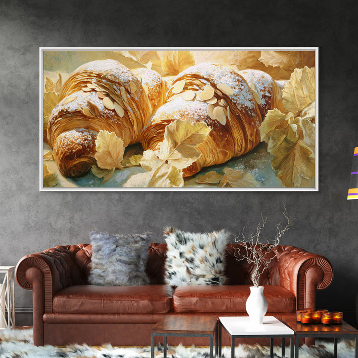 Almond Croissant Closeup Framed Canvas Print, Bakery Art, Aesthetic Wall Art, Bakery Decor, Watercolor Art, Patisserie, BAK-2x1-59