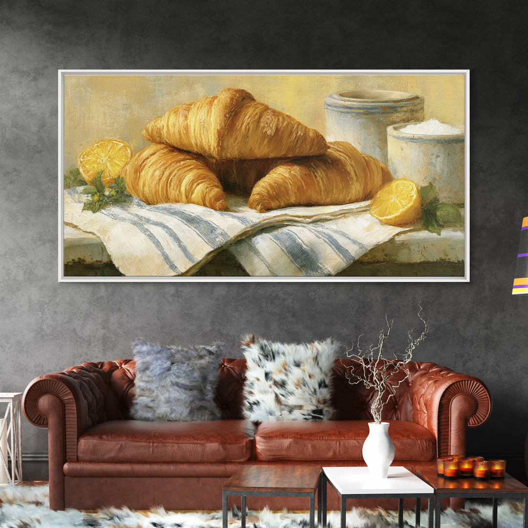Buttery Croissants Stacked on Striped Linen Canvas Print, Bakery Art, Colorful Wall Art, Bakery Decor, Abstract Art, Patisserie, BAK-2x1-69