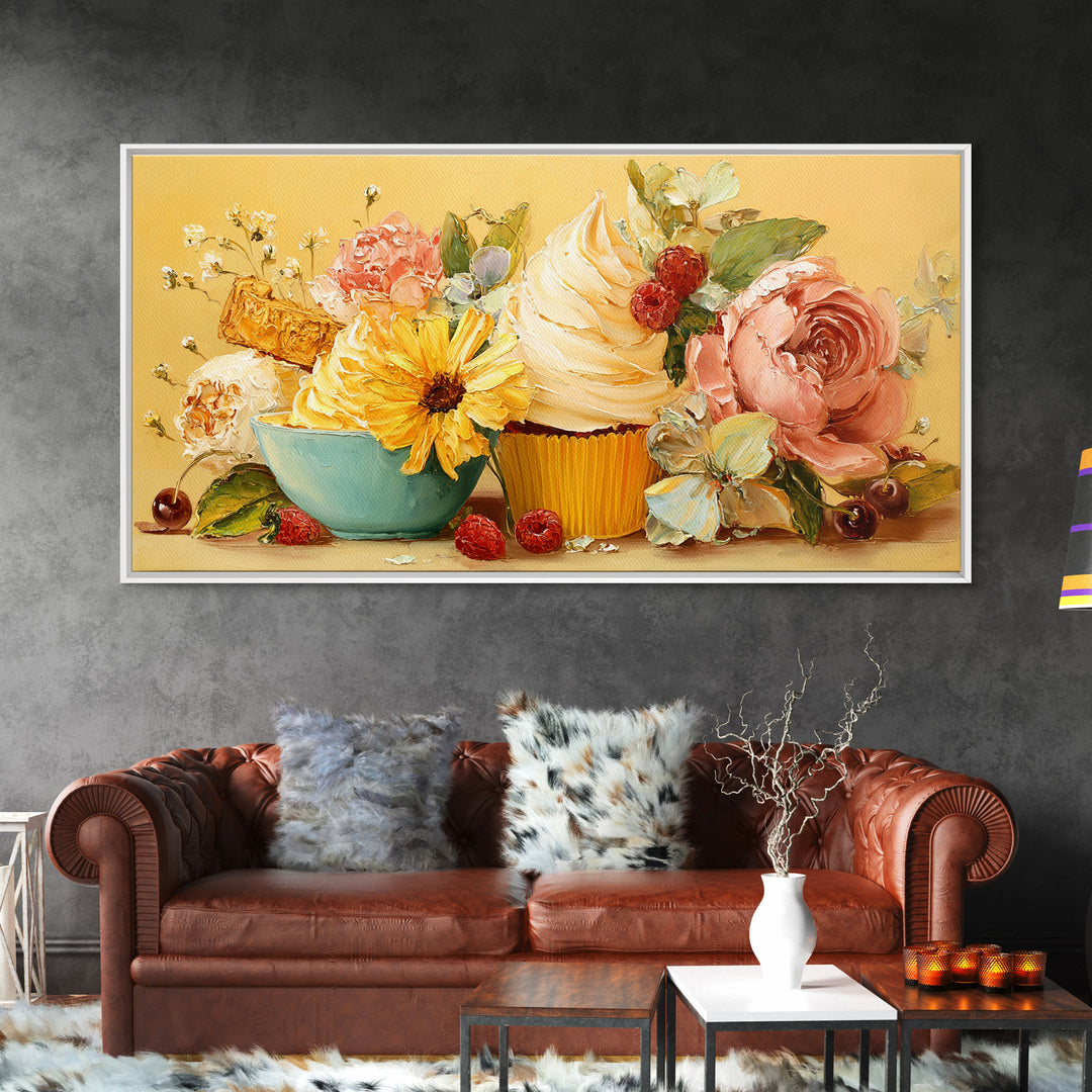 Cupcake Bouquet Painted Framed Canvas Print, Bakery Art, Room Decor, Bakery Decor, Fine Art, Patisserie, Digital Print, BAK-2x1-75