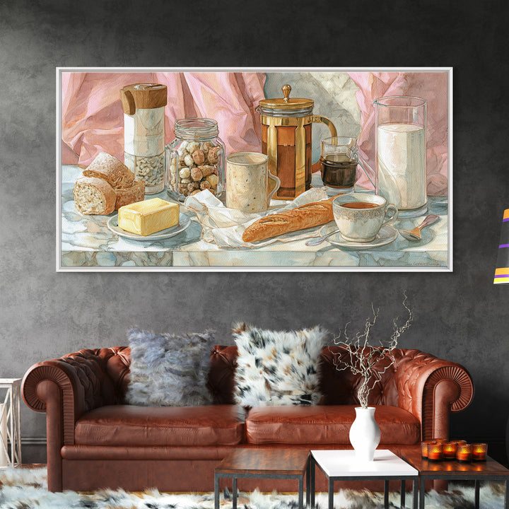 Baguette and Butter Still Life on Marble Canvas Print, Bakery Art, Kitchen Print, Bakery Decor, Fine Art, Patisserie, BAK-2x1-76
