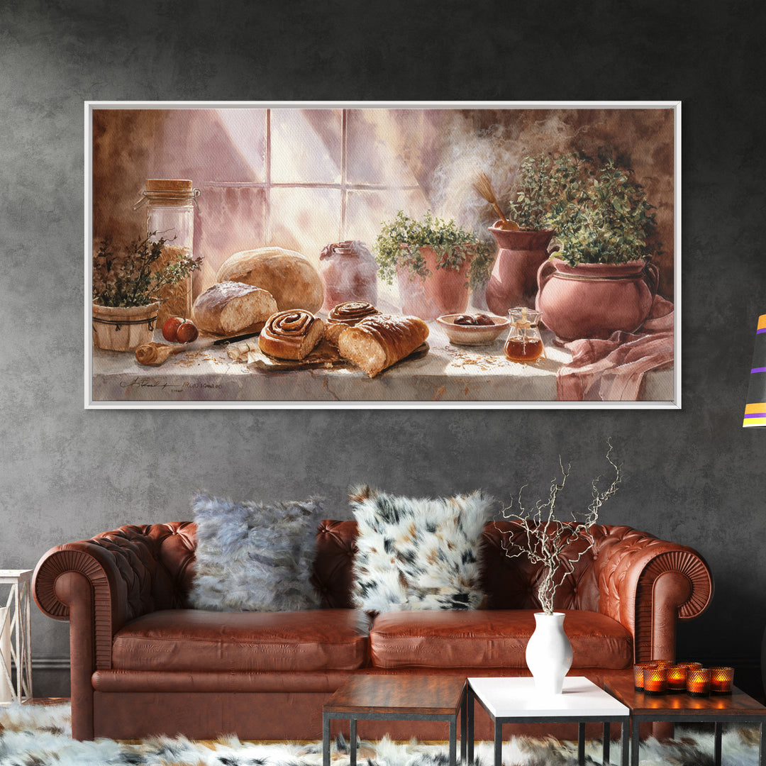 Cinnamon Rolls in a Warm Country Kitchen Framed Canvas Print, Bakery Art, Kids Art, Bakery Decor, Fine Art, Patisserie, BAK-2x1-79