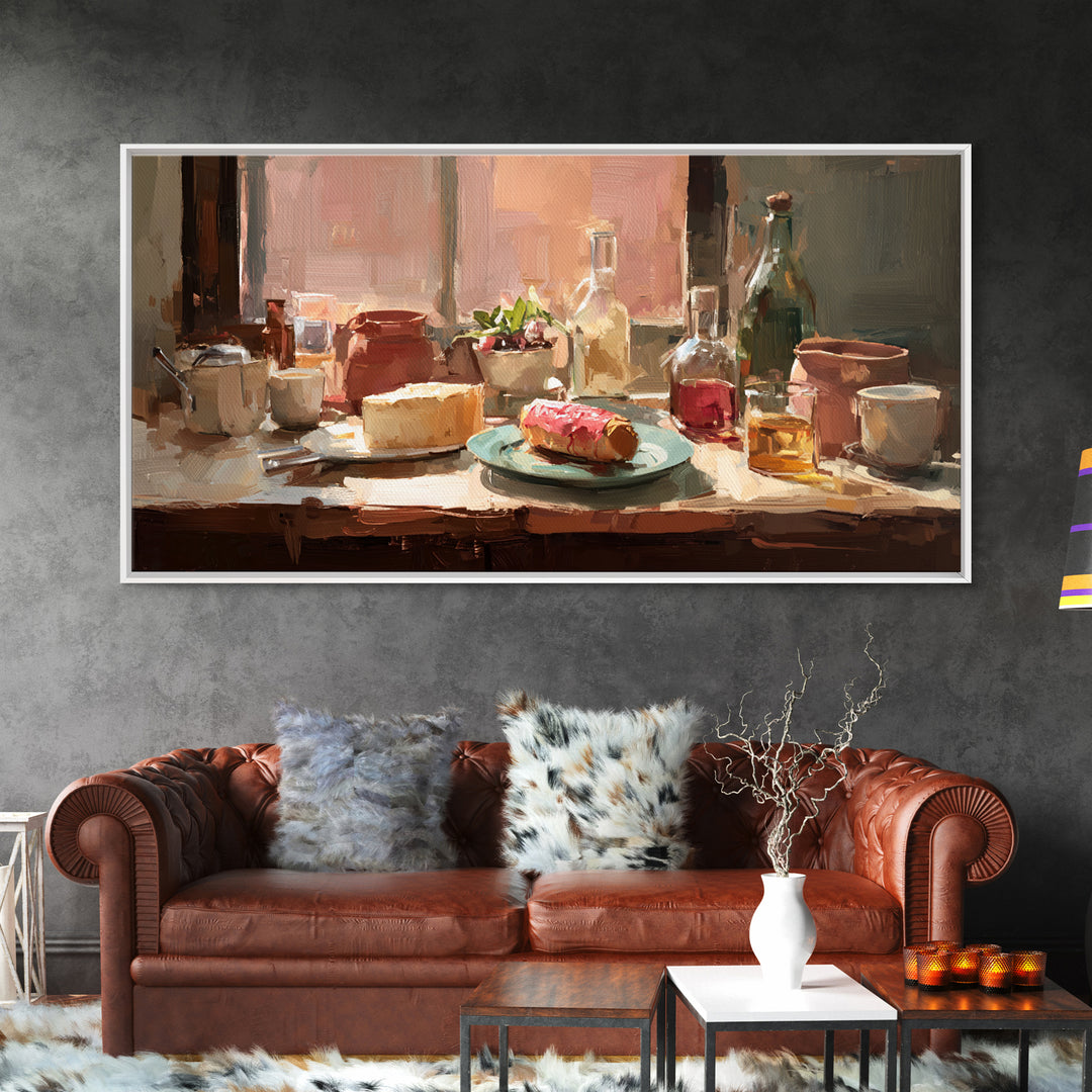 Painterly Eclair and Coffee Still Life Framed Canvas Print, Bakery Art, Coffee Wall Art, Bakery Decor, Fine Art, Patisserie, BAK-2x1-80