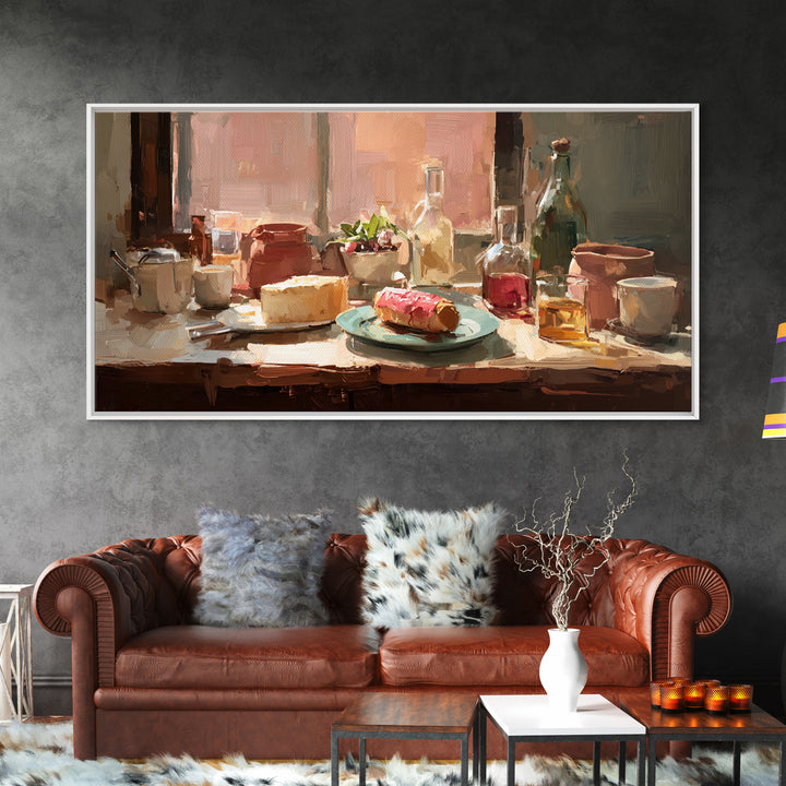 Painterly Eclair and Coffee Still Life Framed Canvas Print, Bakery Art, Coffee Wall Art, Bakery Decor, Fine Art, Patisserie, BAK-2x1-80