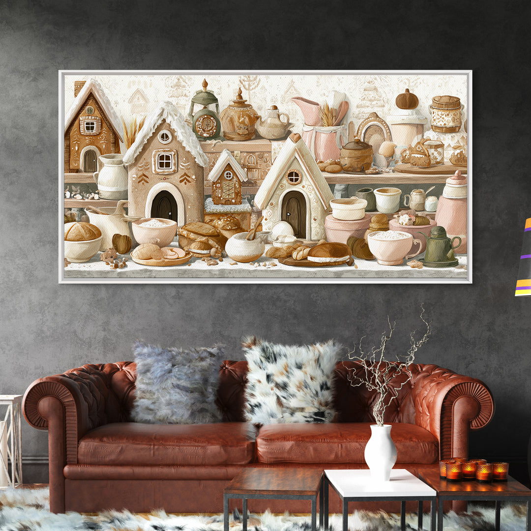 Gingerbread Houses in Charming Folk Art Style Canvas Print, Bakery Art, Printable Wall Art, Bakery Decor, Fine Art, Patisserie, BAK-2x1-82