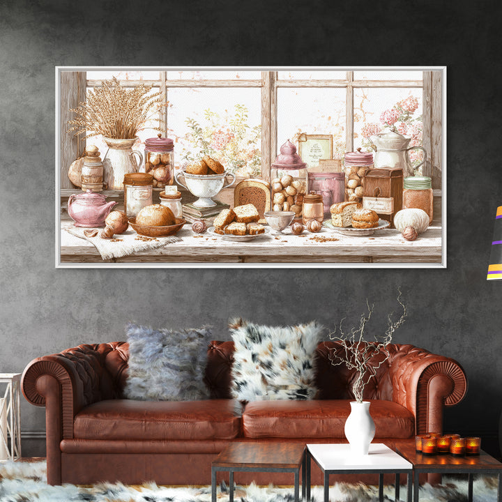 Tea and Scone Arrangement Framed Canvas Print, Bakery Art, Watercolor Art, Bakery Decor, Fine Art, Patisserie, French Wall Art, BAK-2x1-88