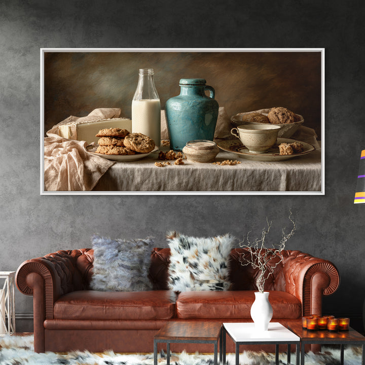 Milk Bottle and Cookies Nostalgic Still Life Framed Canvas Print, Bakery Art, Kitchen Wall Art, Bakery Decor, Oil Painting, BAK-2x1-90