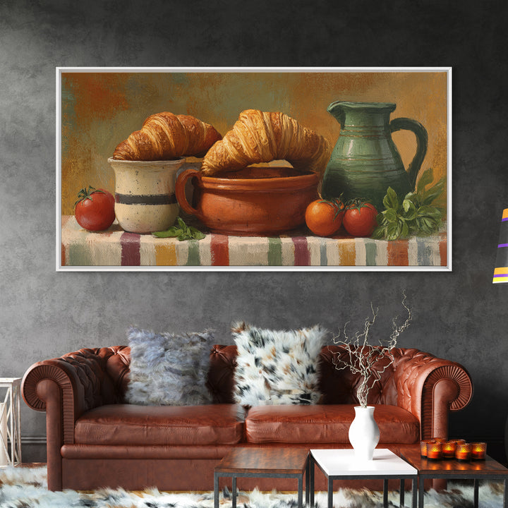 Buttery Croissants Stacked on Striped Linen Canvas Print, Bakery Art, Colorful Wall Art, Bakery Decor, Abstract Art, Patisserie, BAK-2x1-93