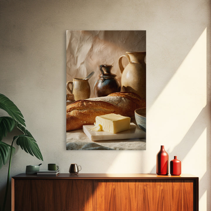 Baguette and Butter Still Life on Marble Canvas Print, Bakery Art, Gallery Decor, Bakery Decor, Fine Art, Patisserie, BAK-2x3-16
