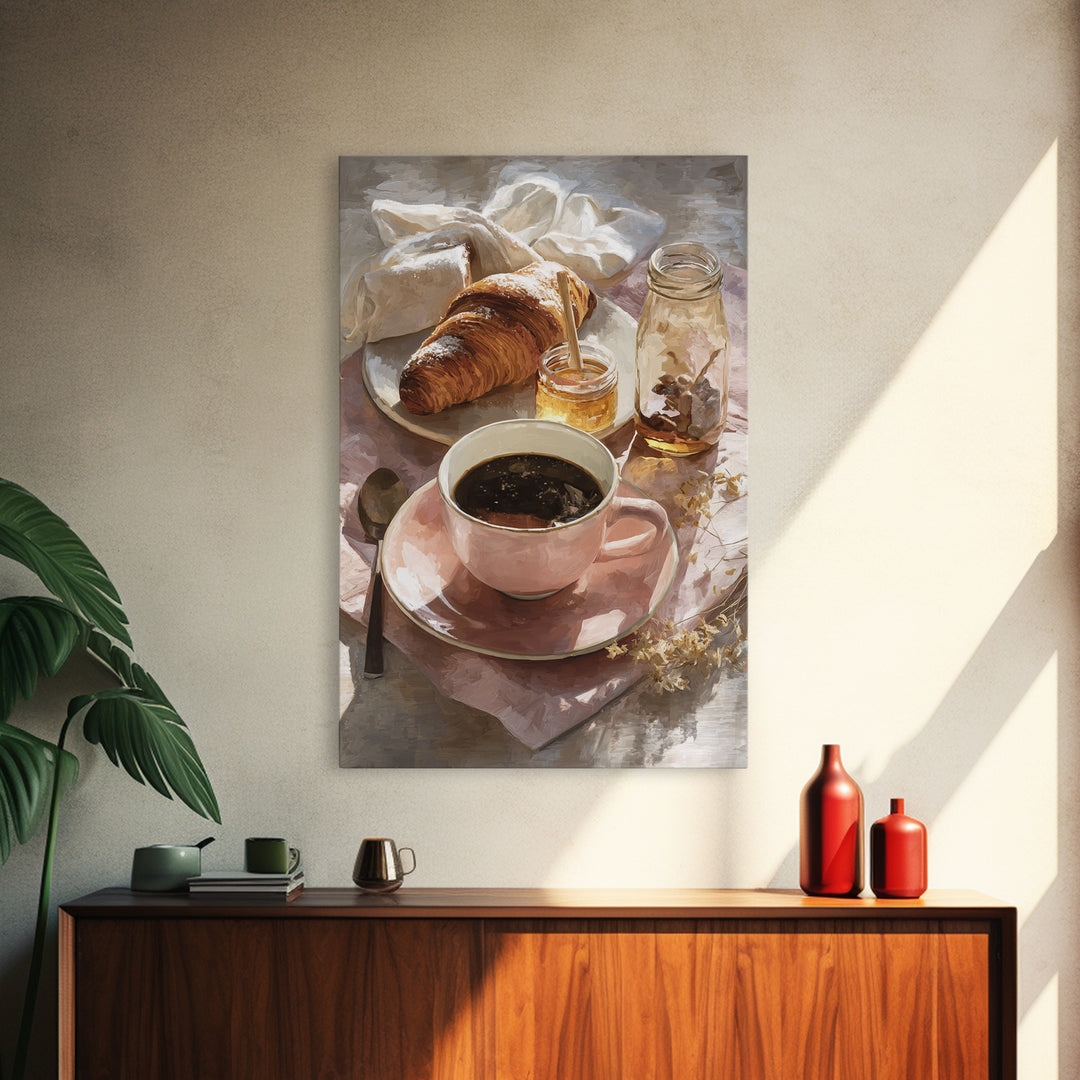 Painterly Eclair and Coffee Still Life Framed Canvas Print, Bakery Art, Kitchen Prints, Bakery Decor, Oil Painting, Patisserie, BAK-2x3-20
